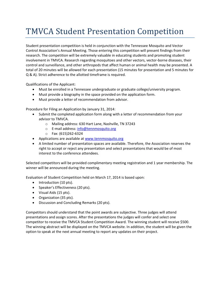 tmvca student presentation competition