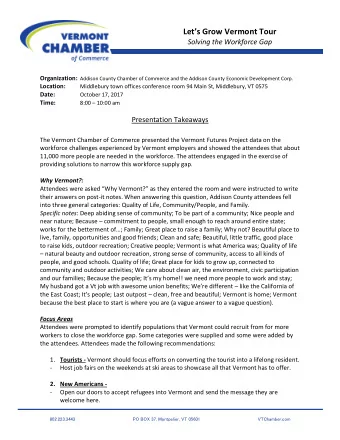 Lets Grow Vermont Tour  Solving the Workforce Gap Organization: Addison County Chamber of
