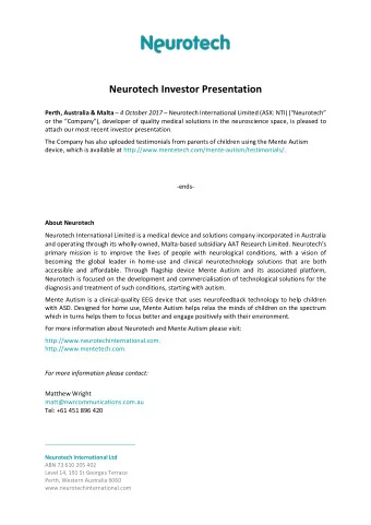 Neurotech Investor Presentation Perth, Australia &amp; Malta  4 October 2017  Neurotech