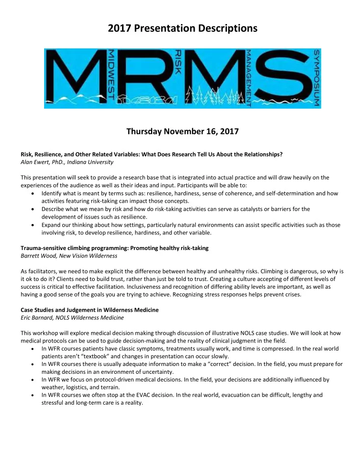 2017 presentation descriptions