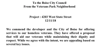 To the Boise City Council  From the Veterans Park Neighborhood  Project : 4203 West State Street