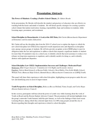 Presentation Abstracts The Power of Mindsets: Creating a Positive School Climate, Dr. Robert Brooks