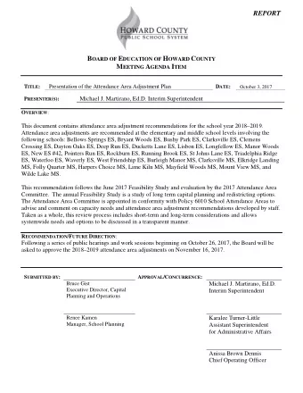 REPORT B OARD OF E DUCATION OF H OWARD C OUNTY M EETING A GENDA I TEM  Presentation of the