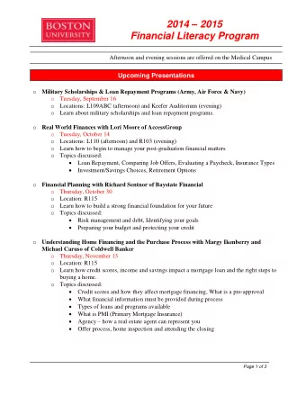 2014  2015  Financial Literacy Program  Afternoon and evening sessions are offered on the