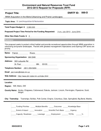 Environment and Natural Resources Trust Fund  2012-2013 Request for Proposals (RFP)  069-D  ENRTF