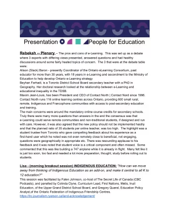Presentation  People for Education Rebekah -- Plenary  -- The pros and cons of e-Learning.  This