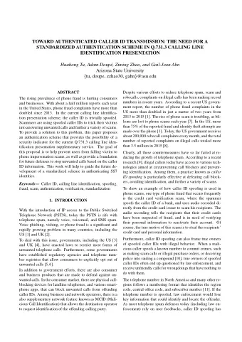 TOWARD AUTHENTICATED CALLER ID TRANSMISSION: THE NEED FOR A  STANDARDIZED AUTHENTICATION SCHEME IN