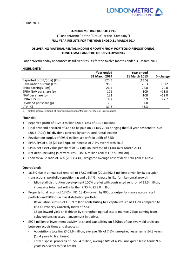 3 june 2014 londonmetric property plc londonmetric or the