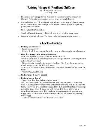 Raising Happy &amp; Resilient Children  By Dr Michael Carr-Gregg 22 nd May 2018   Dr Michael