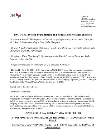 USG Files Investor Presentation and Sends Letter to Stockholders  - Reiterates Boards