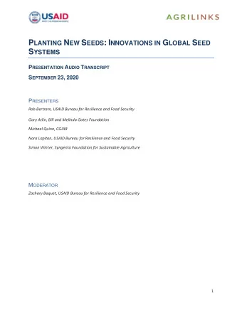 S YSTEMS P RESENTATION A UDIO T RANSCRIPT S EPTEMBER 23, 2020 P RESENTERS  Rob Bertram, USAID