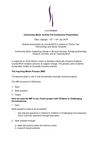 Community Music Activity Pre-Conference Presentation Tblisi, Georgia - 10 th  14 th July 2018