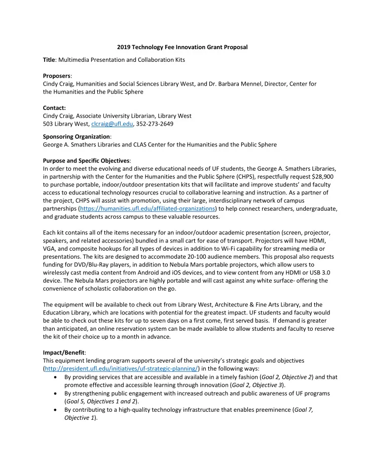 2019 technology fee innovation grant proposal title