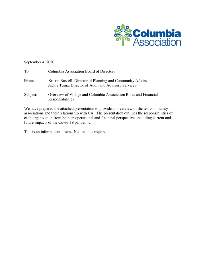 september 4 2020 to columbia association board of