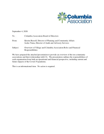 September 4, 2020  To:  Columbia Association Board of Directors  From:  Kristin Russell, Director