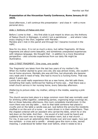 Henrike van Riel  Presentation at the Vincentian Family Conference, Rome January 8-12  2020.  Good