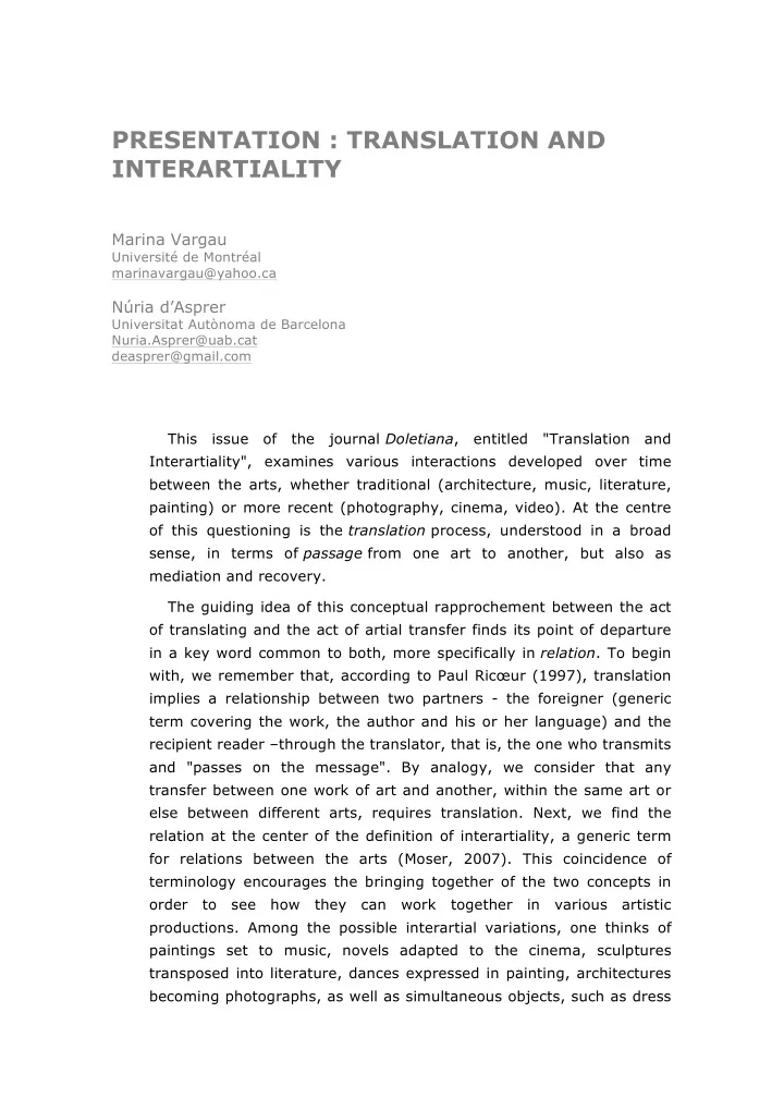 presentation translation and interartiality