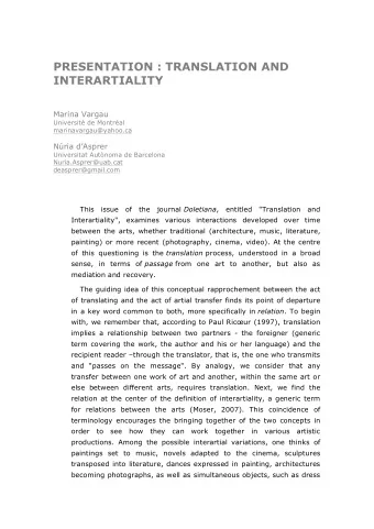 PRESENTATION : TRANSLATION AND  INTERARTIALITY    Marina Vargau  Universit de Montral