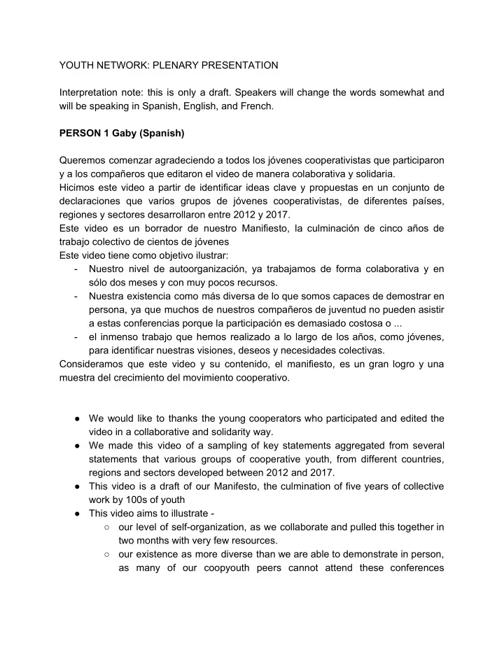 youth network plenary presentation interpretation note