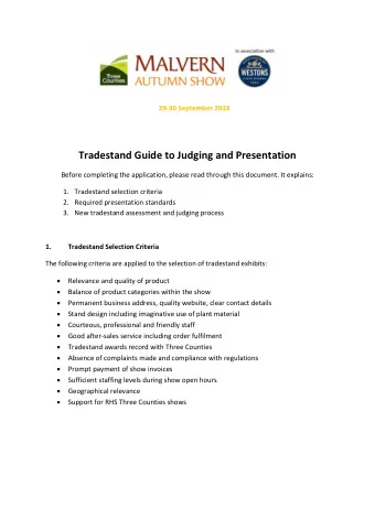 Tradestand Guide to Judging and Presentation Before completing the application, please read through