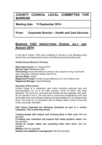 COUNTY COUNCIL LOCAL COMMITTEE FOR  BARROW  Meeting date:  19 September 2014  From:  Corporate
