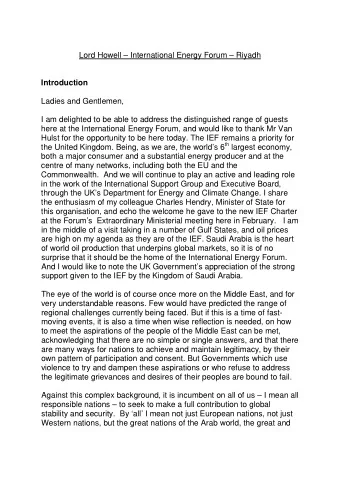 Lord Howell  International Energy Forum  Riyadh  Introduction  Ladies and Gentlemen,  I am