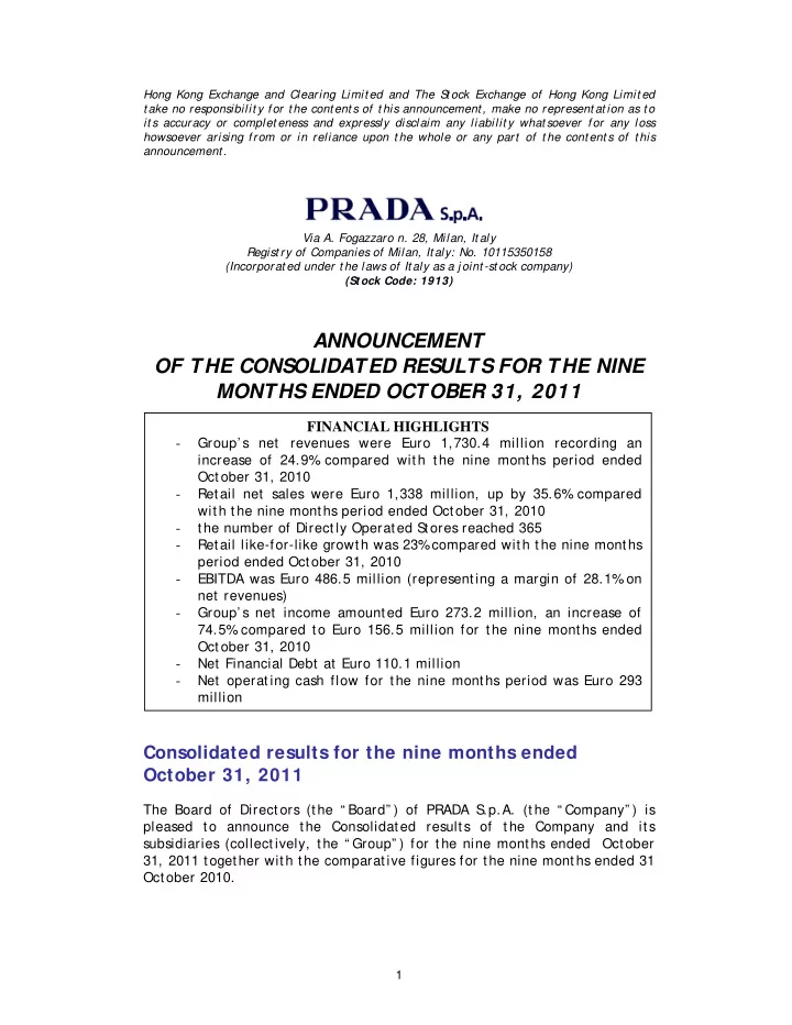 announcement of the consolidated results for the nine