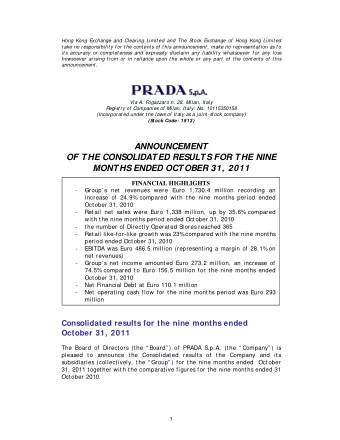 ANNOUNCEMENT  OF THE CONSOLIDATED RESULTS FOR THE NINE  MONTHS ENDED OCTOBER 31, 2011  FINANCIAL