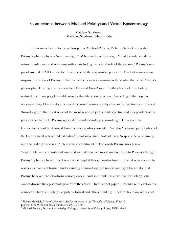connec ections between between michael hael polany anyi