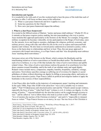 Nonviolence and Just Peace Oct. 7, 2017 Eli S. McCarthy, Ph.D. emccarthy@cmsm.org Introduction and