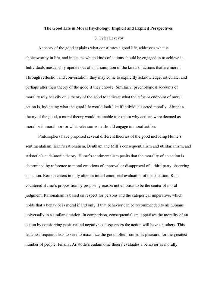 the good life in moral psychology implicit and explicit