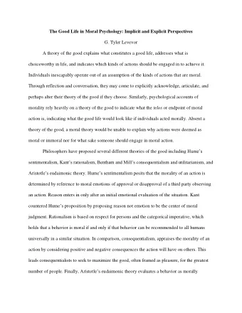 The Good Life in Moral Psychology: Implicit and Explicit Perspectives  G. Tyler Levevor  A theory