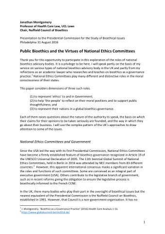 Public Bioethics and the Virtues of National Ethics Committees  Thank you for this opportunity to