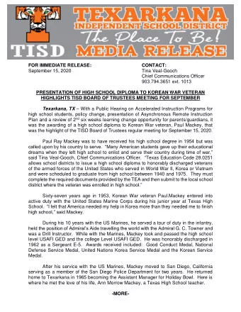 Tina Veal-Gooch  September 15, 2020  Chief Communications Officer  903.794.3651 ext. 1013