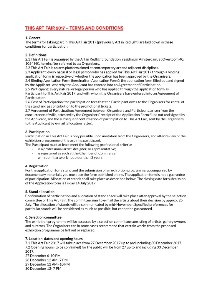 1 general the terms for taking part in this art fair 2017