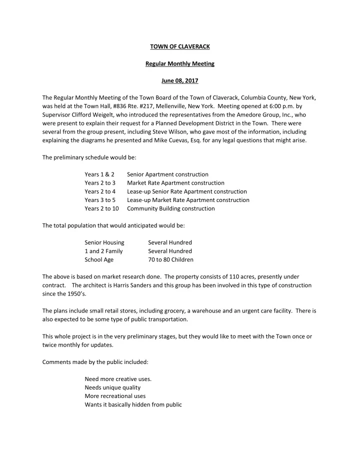 town of claverack regular monthly meeting june 08 2017
