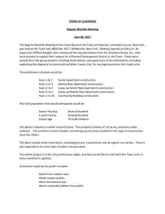 TOWN OF CLAVERACK  Regular Monthly Meeting  June 08, 2017  The Regular Monthly Meeting of the Town