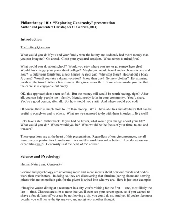 Philanthropy 101:  Exploring Generosity presentation  Author and presenter: Christopher C.