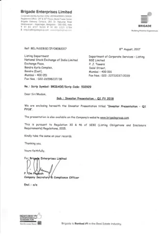 Brigade Group Investor Presentation Q1FY18 (CIN: L85110KA1995PLC019126) August 2017  1 BUSINESS