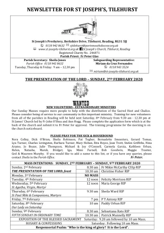 NEWSLETTER FOR ST JOSEPHS, TILEHURST St Josephs Presbytery, Berkshire Drive, Tilehurst,