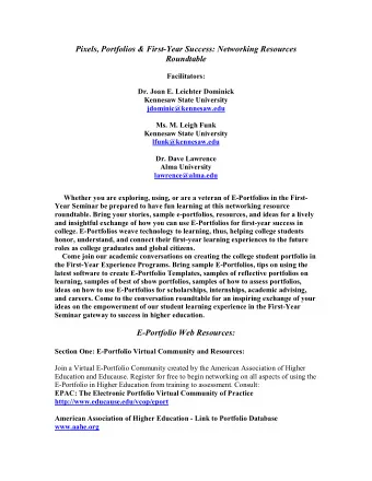Pixels, Portfolios &amp; First-Year Success: Networking Resources  Roundtable  Facilitators:  Dr.