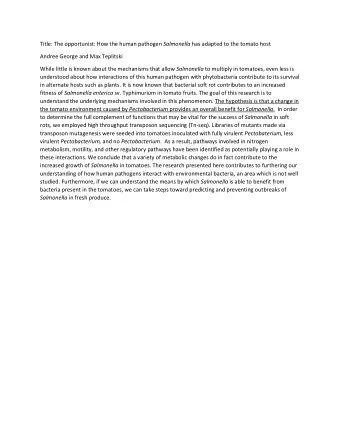 Title: The opportunist: How the human pathogen Salmonella has adapted to the tomato host  Andree