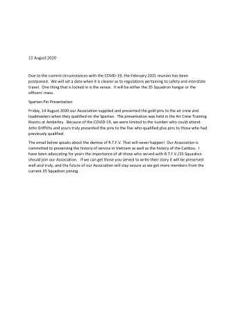 15 August 2020  Due to the current circumstances with the COVID-19, the February 2021 reunion has