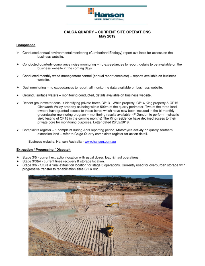 calga quarry current site operations may 2019 compliance