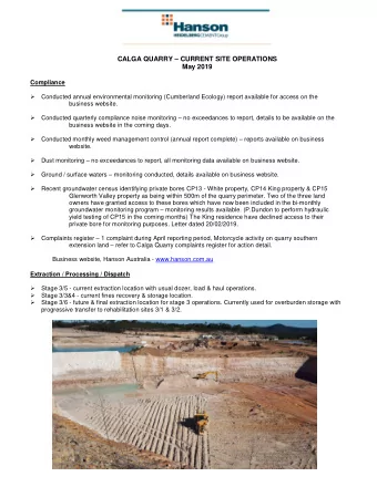 CALGA QUARRY  CURRENT SITE OPERATIONS  May 2019  Compliance  Conducted annual environmental