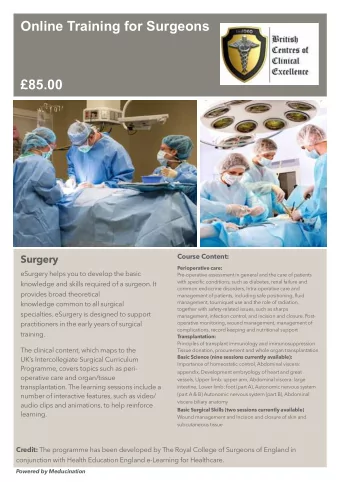 Online Training for Surgeons  85.00 Course Content:  Surgery  Perioperative care:  eSurgery helps