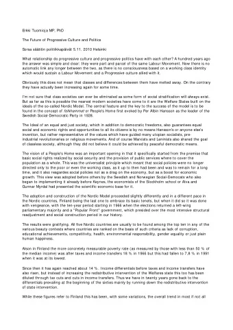 Erkki Tuomioja MP, PhD  The Future of Progressive Culture and Politics  Sorsa stin