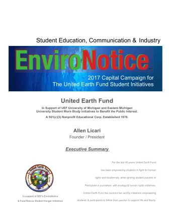 2017 Capital Campaign for  The United Earth Fund Student Initiatives  United Earth Fund  In Support