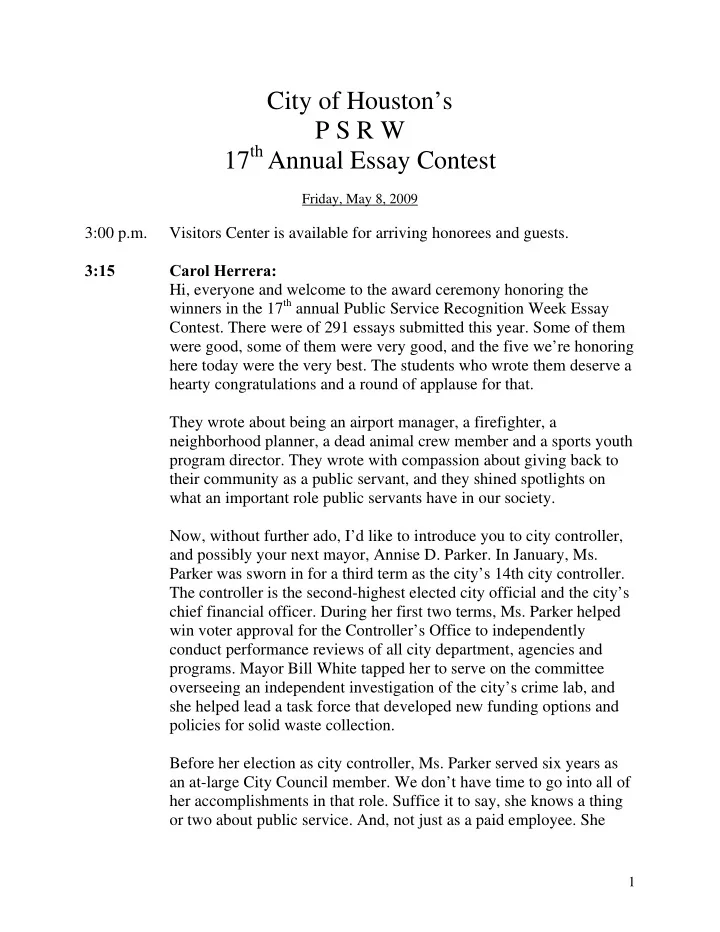 city of houston s p s r w 17 th annual essay contest