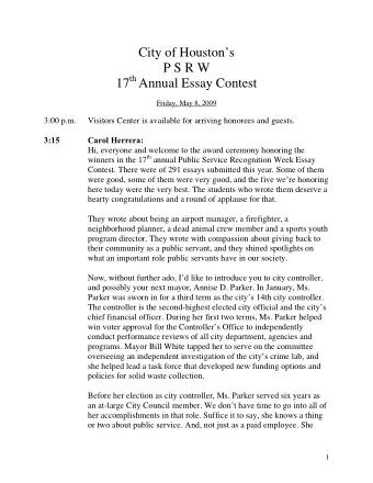 City of Houstons  P S R W 17 th Annual Essay Contest  Friday, May 8, 2009  3:00 p.m.  Visitors